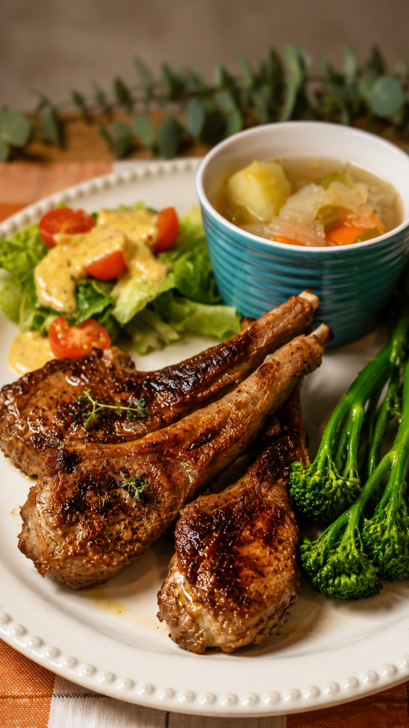 Shoyu koji marinated lamb chops, plated with vegetables